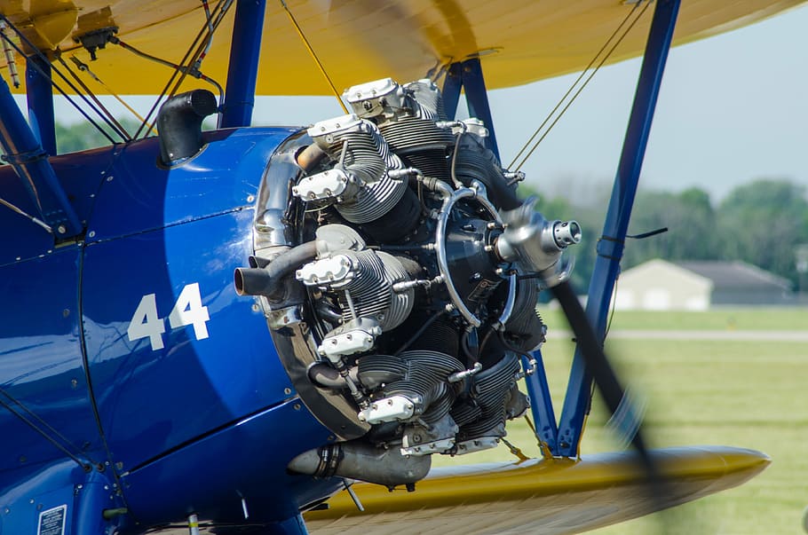blue biplane, Radial, Engine, Wwii, Propeller, airplane, power