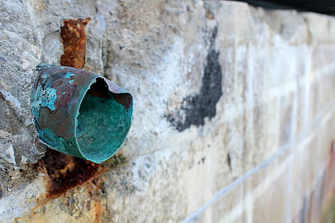 copper, green, wall, stone, pipe, drain, rusty, old, metal HD wallpaper