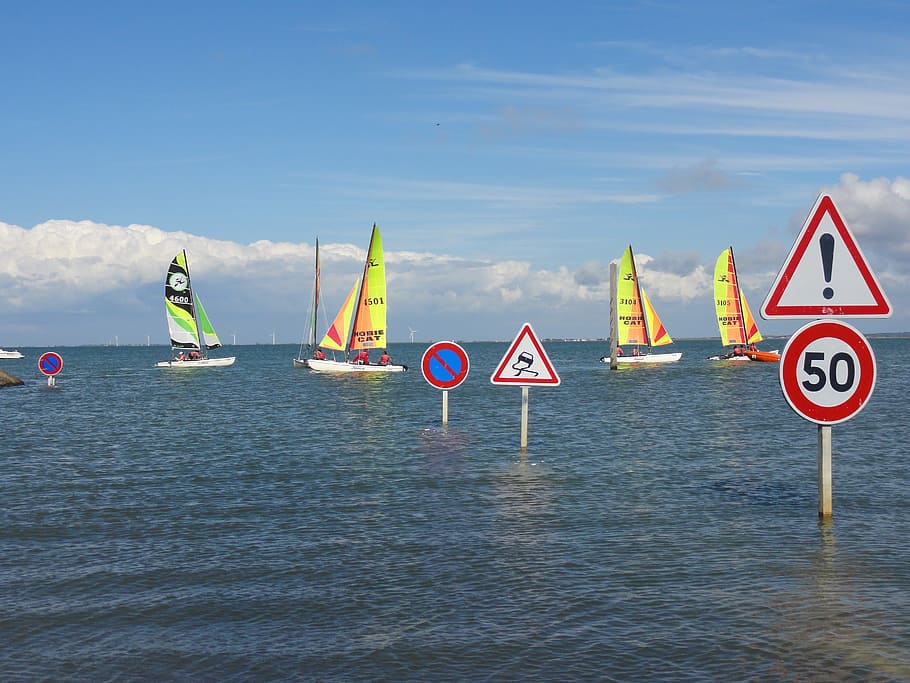 sailing, boat, catamaran, panel, signalling, road, sea, ocean HD wallpaper