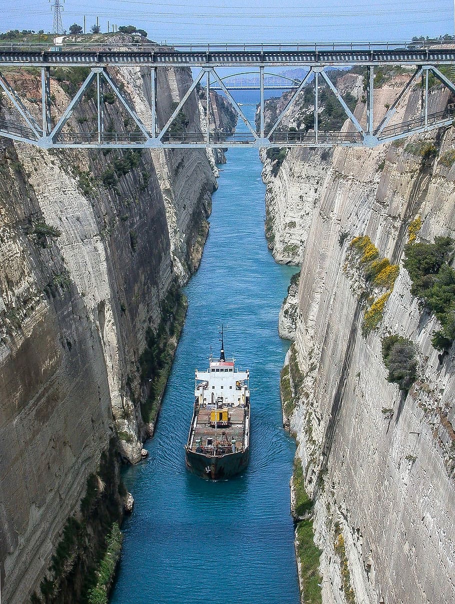 Corinth Canal in Greece, boat, engineering, photo, public domain