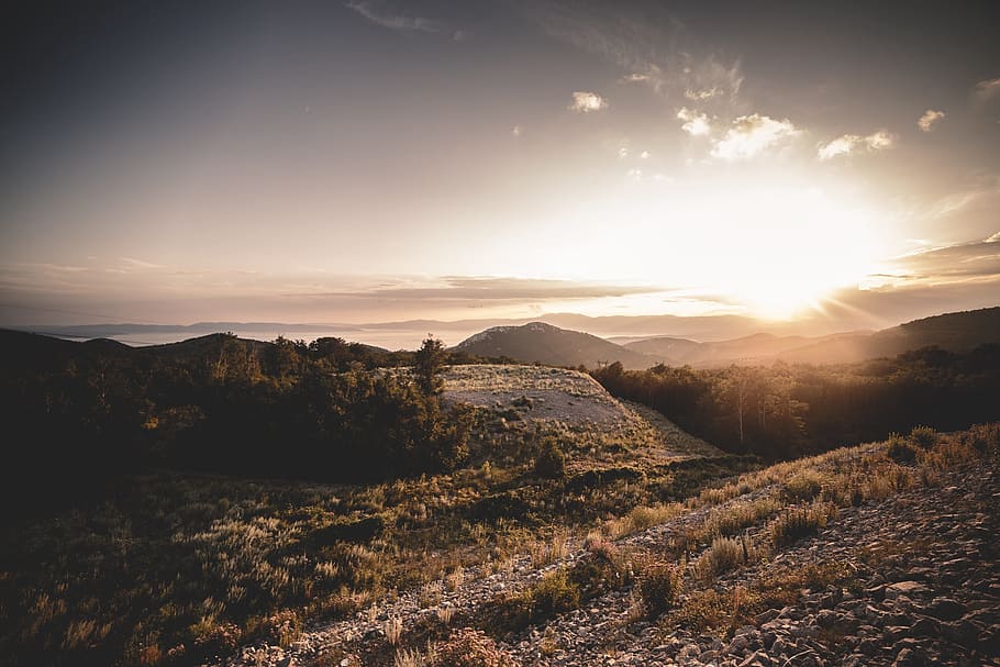 Mountains, Sunset, Orange, Nature, landscape, peak, sunlight HD wallpaper