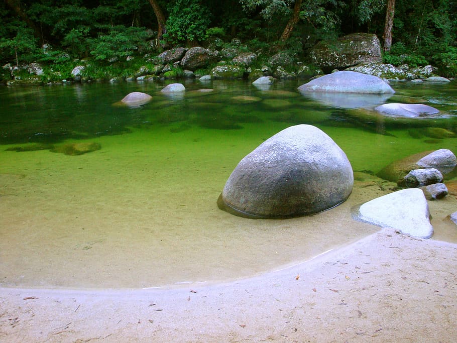 calm body of water with rocks surrounded trees, stone, about HD wallpaper