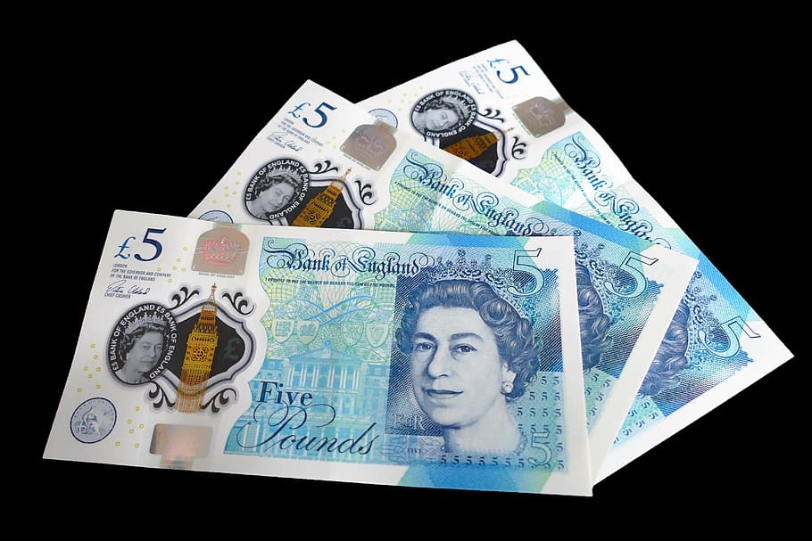 three 5 banknotes, five pound note, cash, money, british, finance