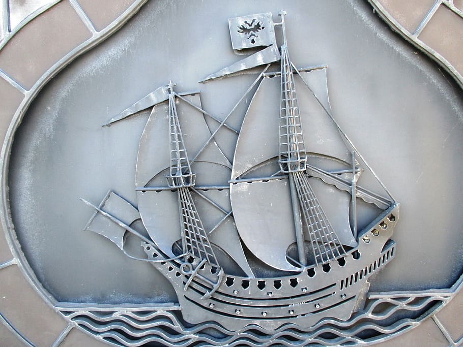 ship, sailing vessel, engraving, shield, metal, lake constance HD wallpaper