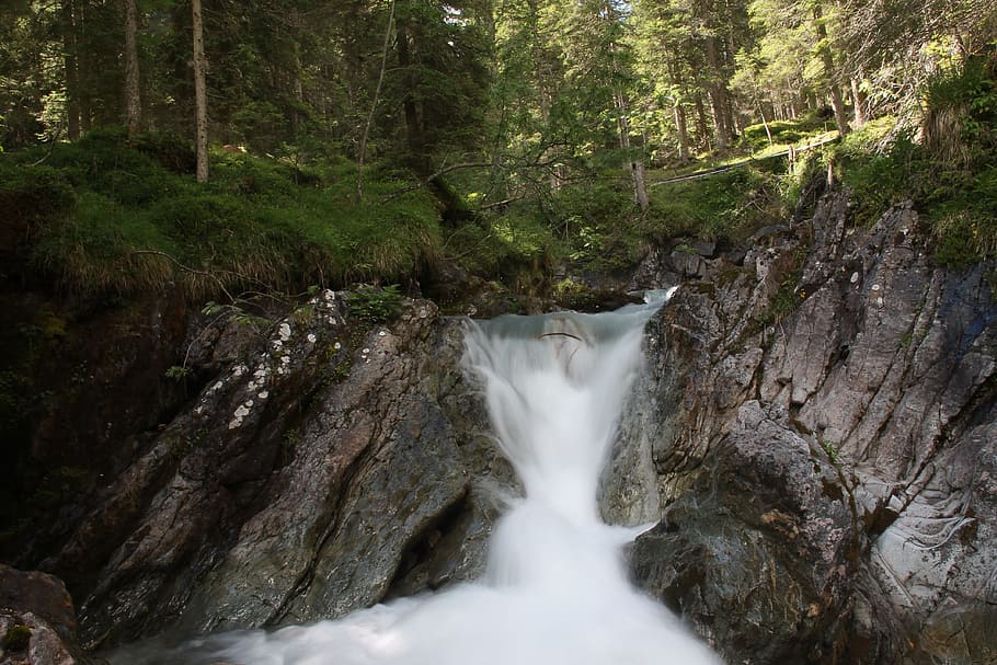 Waterfall, Bach, Mountains, Forest, nature, mountain stream HD wallpaper