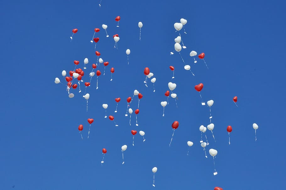 sky, balloons, blue, large group of objects, mid-air, no people HD wallpaper