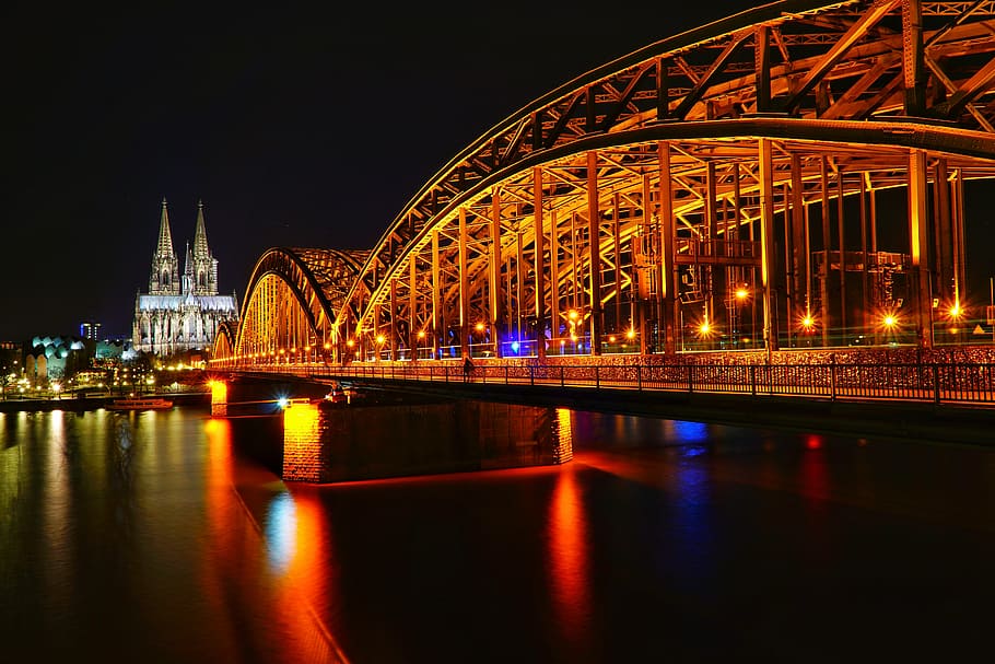 golden bride, cologne, deutzer bridge, night, architecture HD wallpaper