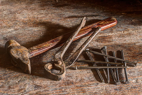brown hammer, black tong, and gray nails, tool, repair, master HD wallpaper