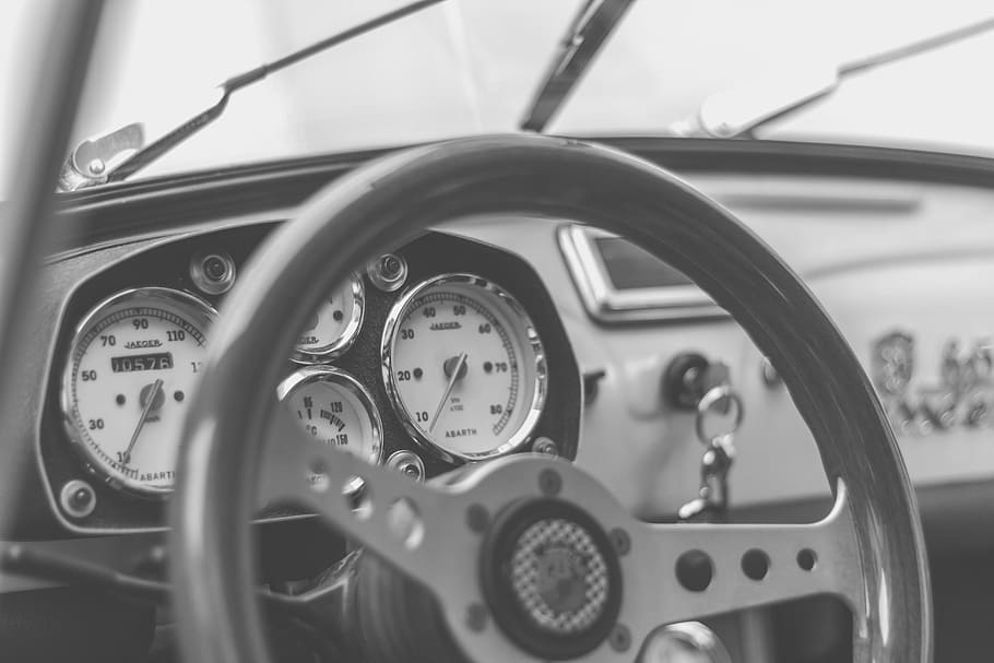 black-and-white, car, dashboard, speedometer, steering wheel HD wallpaper