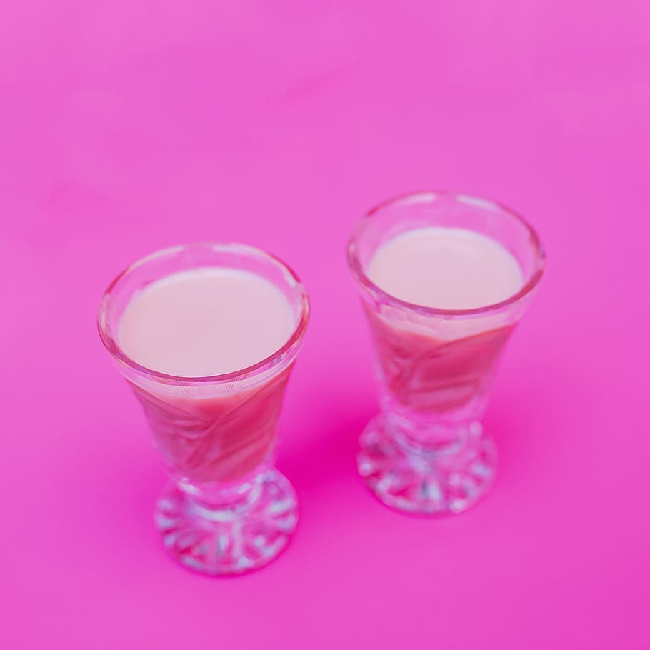 two pink beverages on pink surface, shot, glasses, filled, beige HD wallpaper