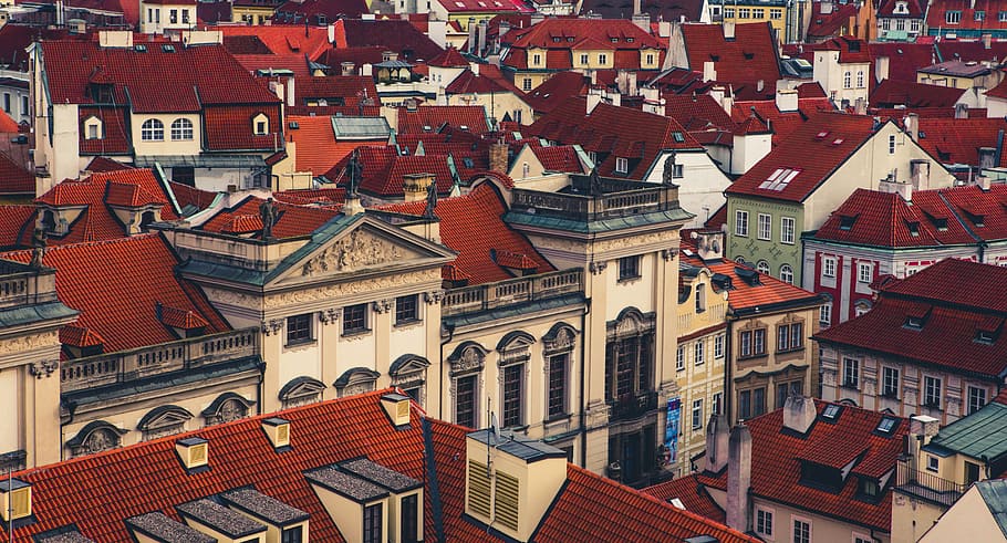 red and white concrete buildings, architecture, roofrooftop HD wallpaper