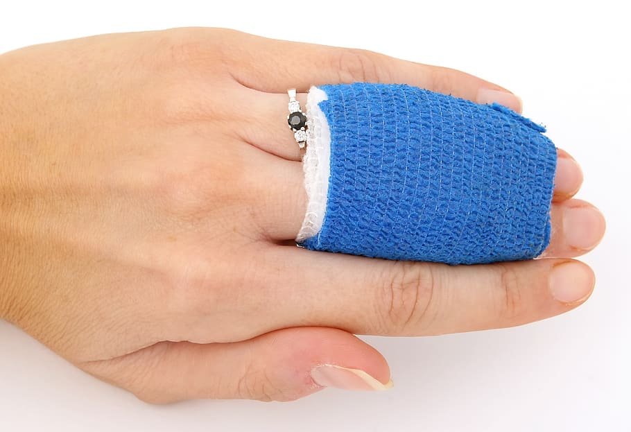 human hand with blue bandage, accident, aid, bleed, blood, bone, HD wallpaper