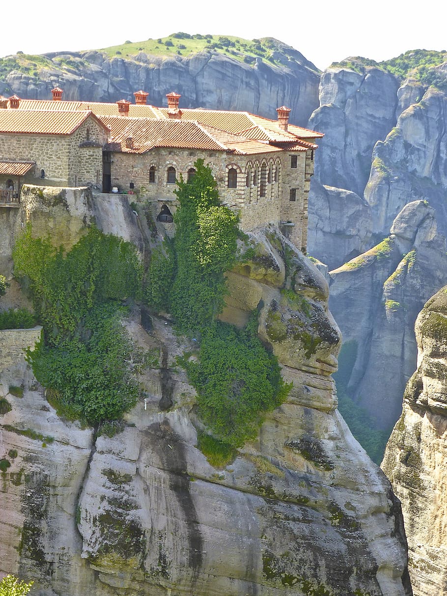 meteora, monastery, rock, mountain, perched, greece, built structure HD wallpaper