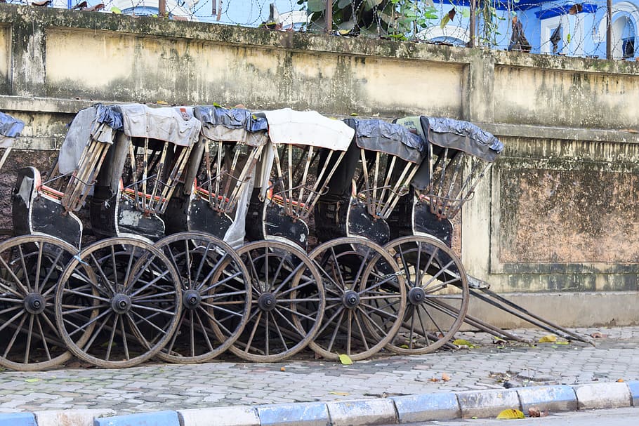 rickshaw, rickshaw stand, transportation, india, asia, vehicle HD wallpaper