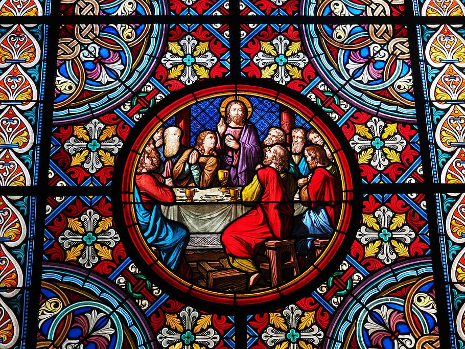 The Last Supper stained glass cathedral interior decor, color glass window, HD wallpaper