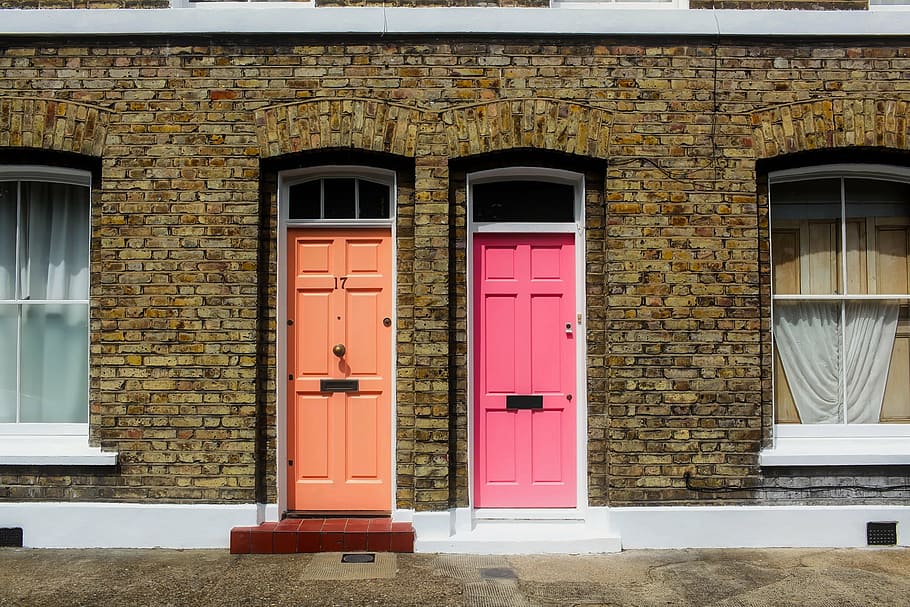 orange and pink door, london, england, great britain, uk, city, HD wallpaper