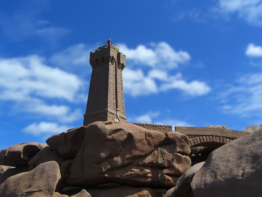 lighthouse, side, granite, pink, tide, low, sky, brittany, ploumanac HD wallpaper