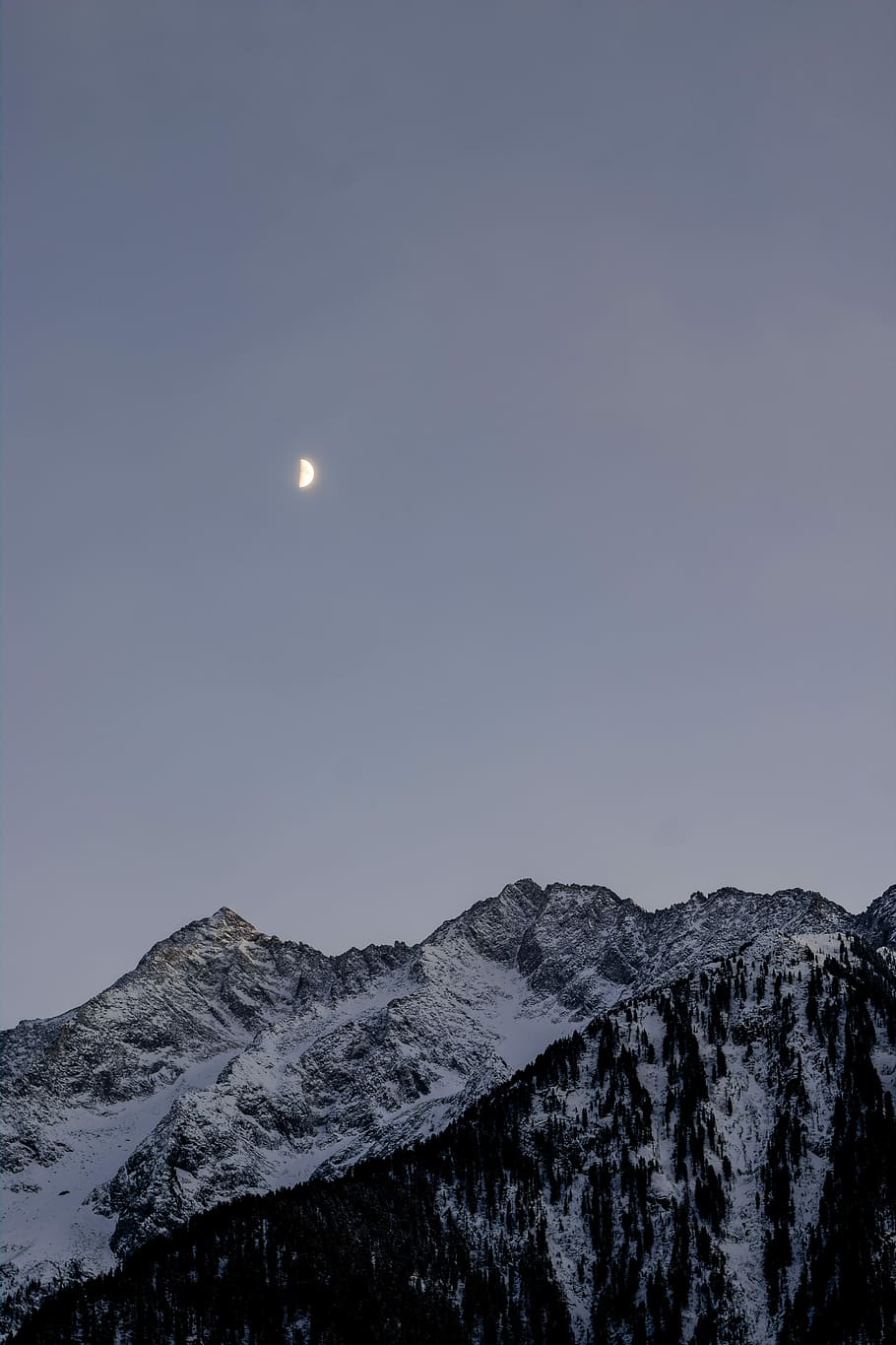 snow covered mountain, photography of mountain and moon, sky HD wallpaper