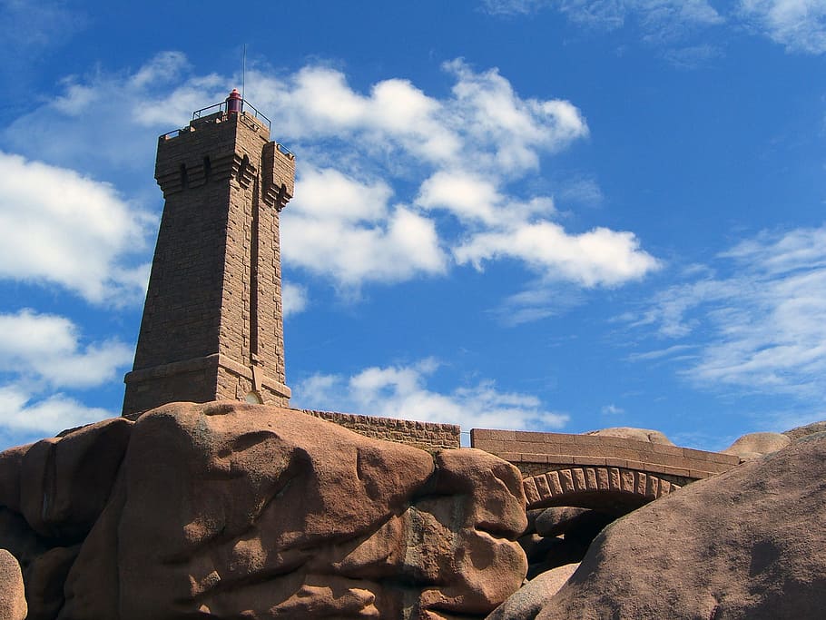 lighthouse, side, granite, pink, tide, low, sky, brittany, ploumanac HD wallpaper
