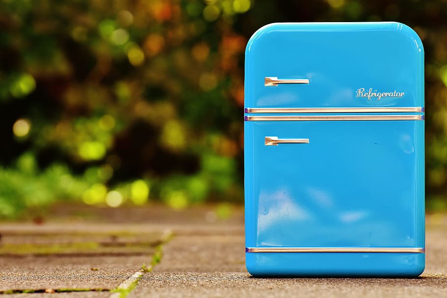 blue personal refrigerator, box, cookie jar, storage, tin can HD wallpaper