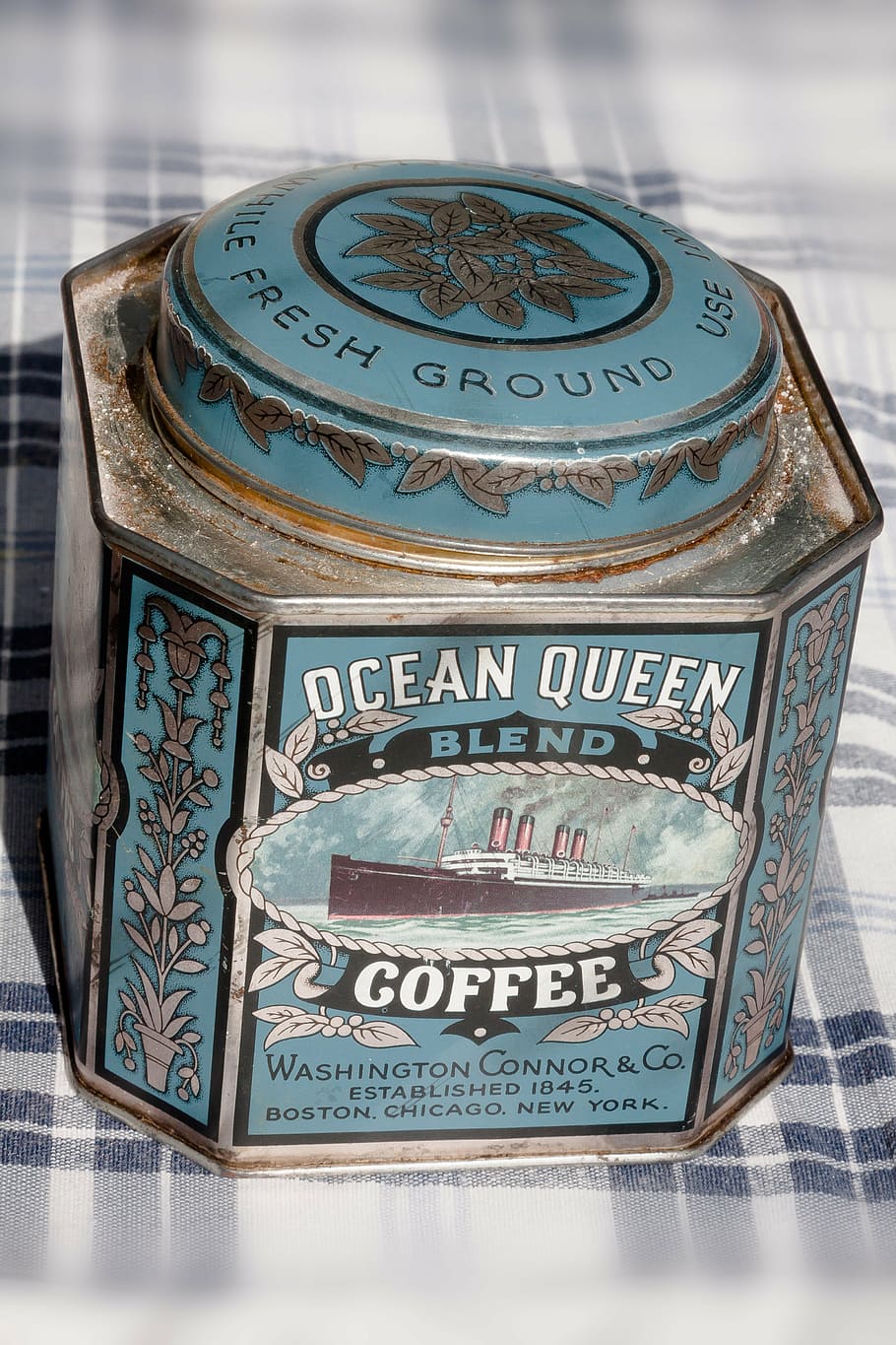 box, old, brand, tin can, coffee, 1845, blue, silver, white, HD wallpaper