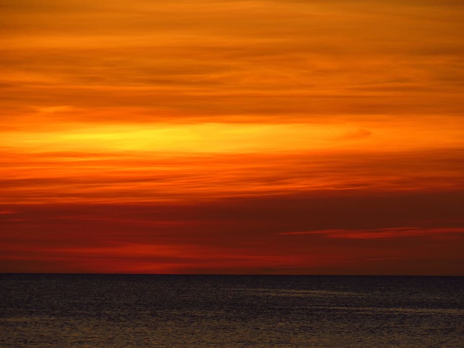 dusk, sunset, sky, sea, orange, nature, sunlight, cloud, coast HD wallpaper
