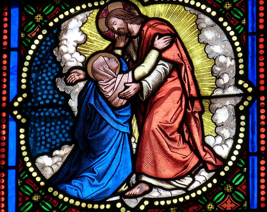 stained glass of Jesus Christ and Mary Magdalene, church, window