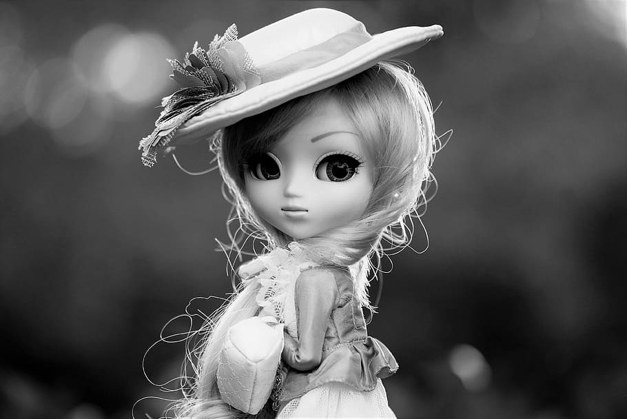 grayscale photo of girl doll, black white, winters, hat, child HD wallpaper