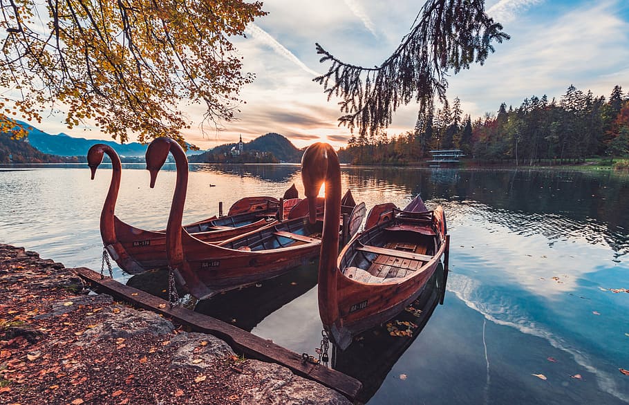 brown wooden boat on body of water during daytime, three, docked HD wallpaper