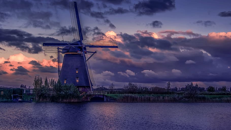 windmill near body of water under cloudy sky, netherlands, dutch windmill HD wallpaper