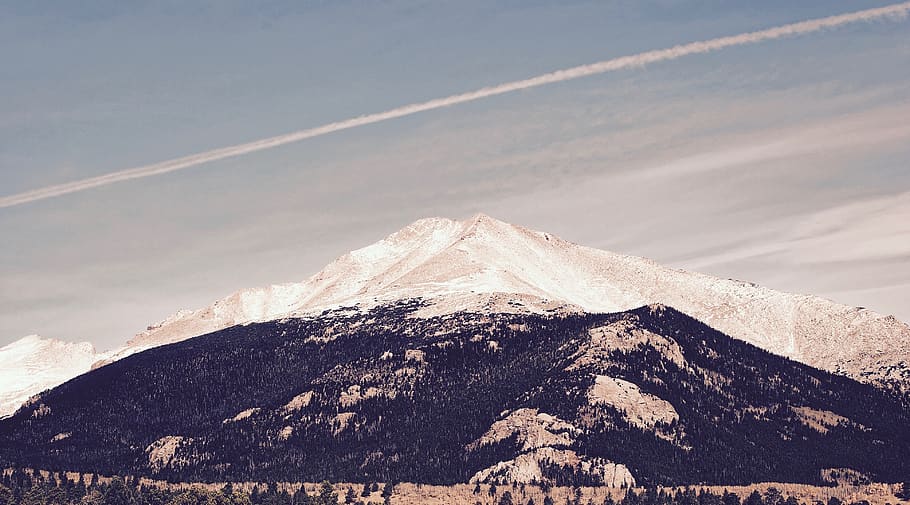 sky, clouds, mountain, valley, trees, plant, landscape, snow HD wallpaper