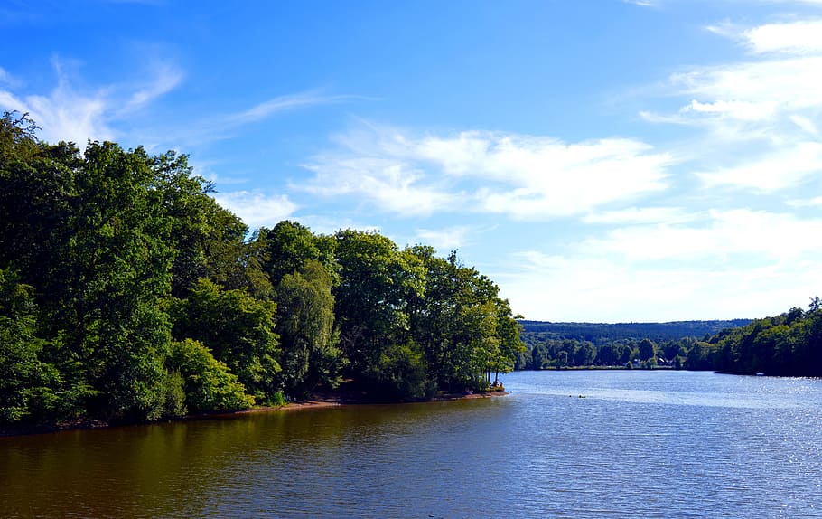 trees and river during day, lake, water, badesee, dam, steinbach dam, HD wallpaper