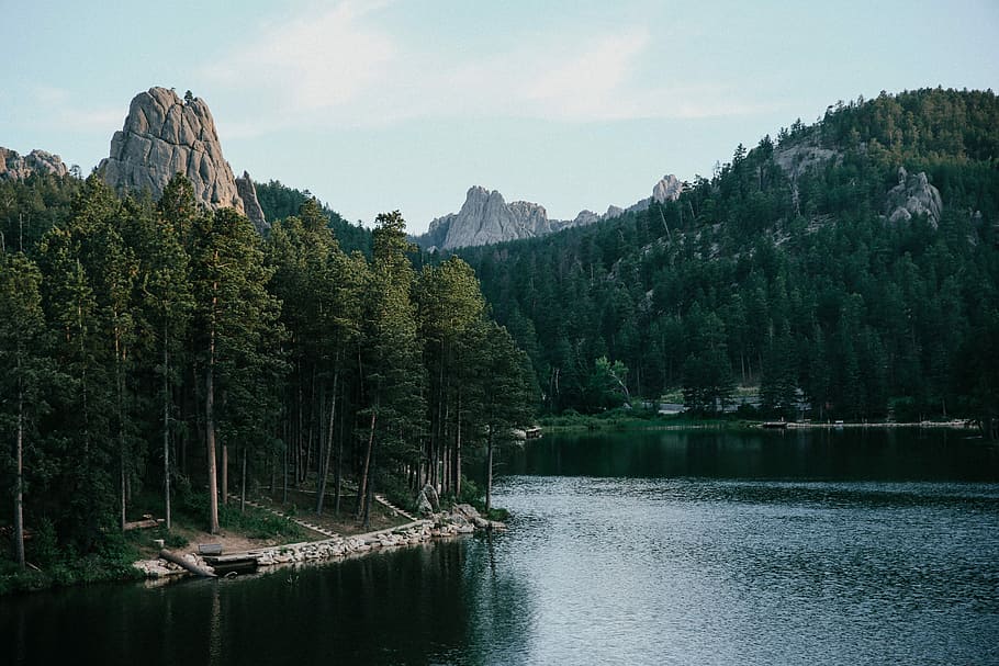 Camping in South Dakota, mountain and trees near lake, mountains