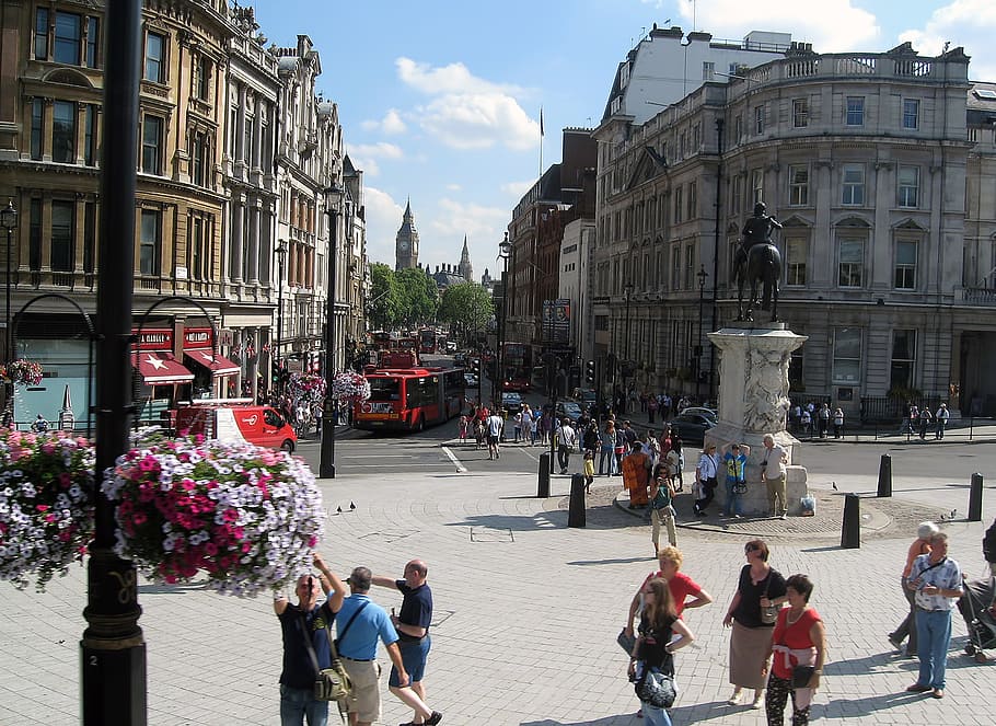square, trafalgar, statue, charles i, people, flower, london, HD wallpaper