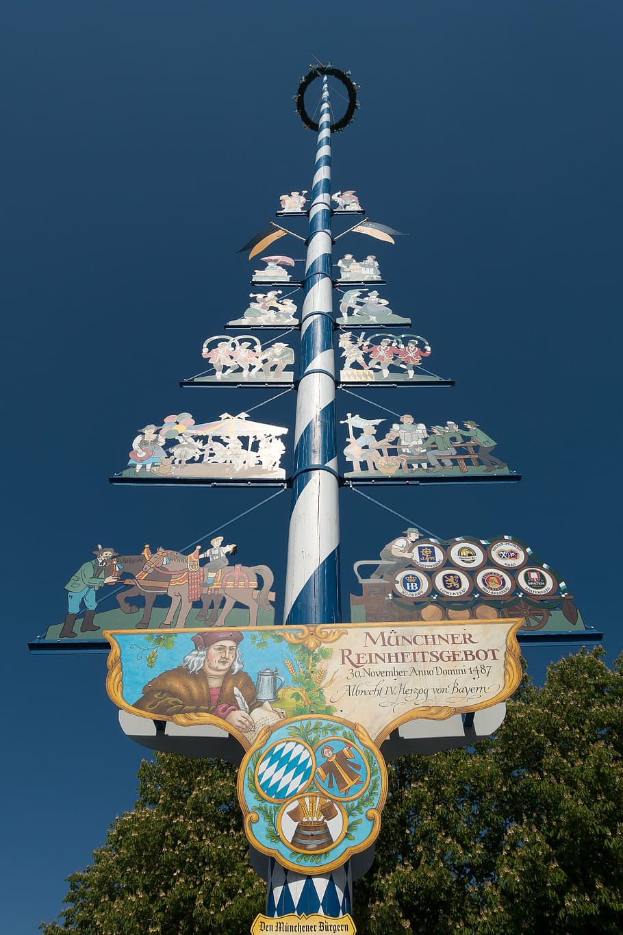 maypole, blue, white, bavaria, tradition, spring, sky, upper bavaria HD wallpaper