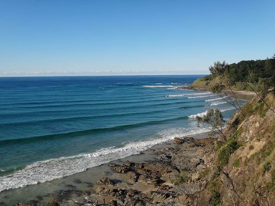 sea, wave, australia, water, blue, horizon, surf, byron bay, HD wallpaper