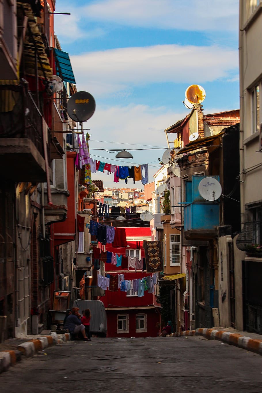 assorted clothes hanging on wire, street, istanbul, city, turkey