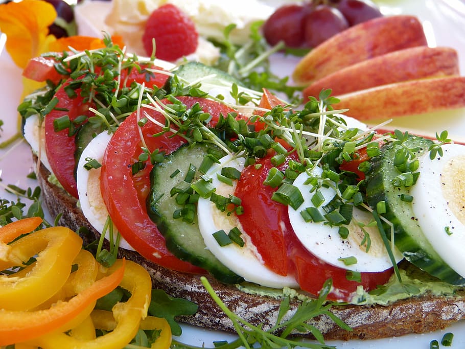 sliced vegetable salad dish, bread, sandwich, breakfast, fruit HD wallpaper