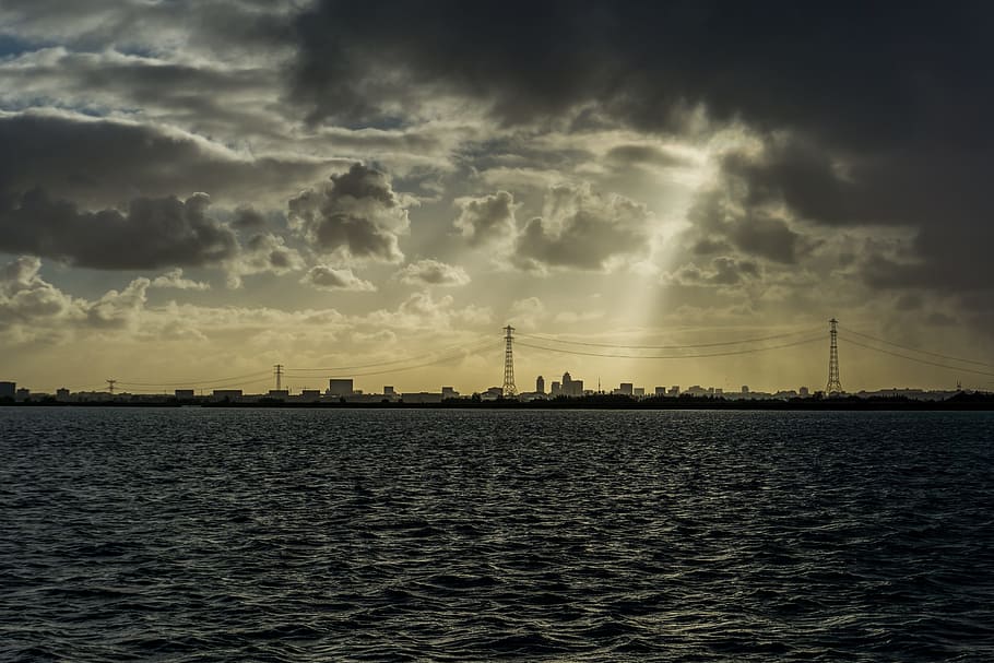 light beam, clouds, amsterdam, water, air, cityscape, boats HD wallpaper