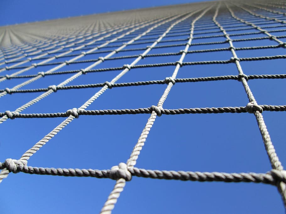 mesh, barrier, perspective, angle, upward, rope, knots, sky HD wallpaper