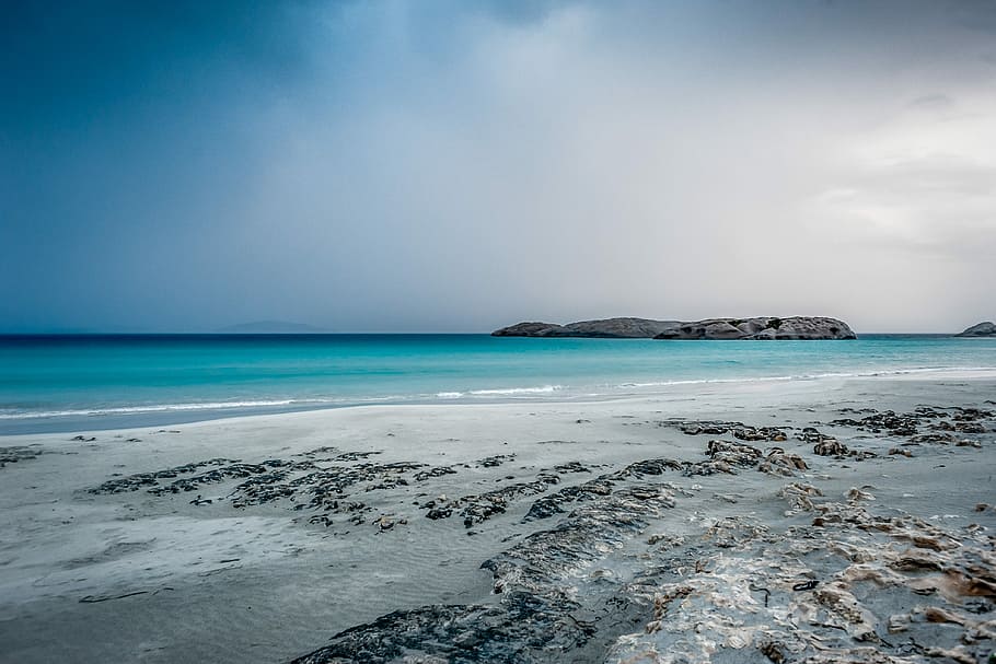 seashore under gray sky, photo of sea, beach, ocean, water, blue, HD wallpaper