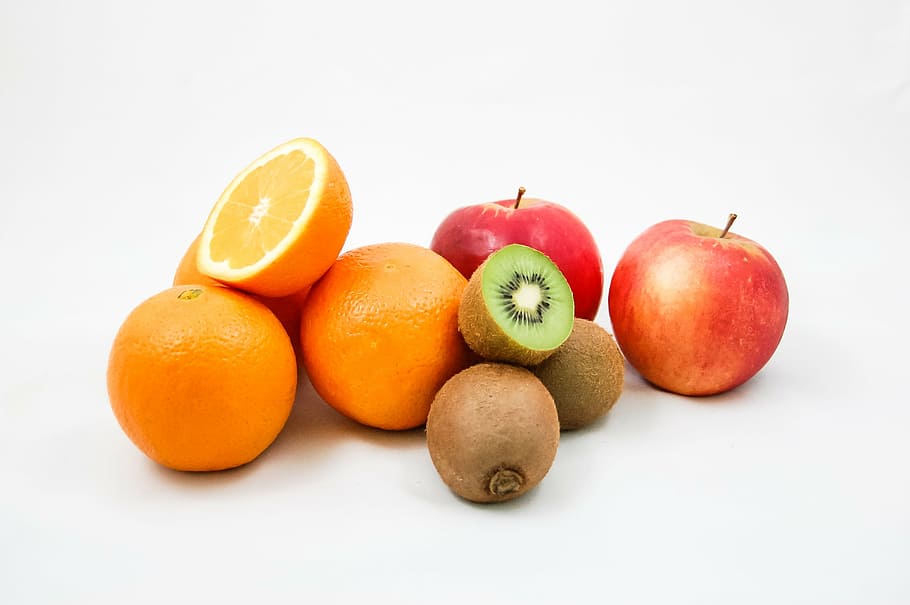 variety of fruits, apples, kiwi, oranges, vitamins, half, fresh, HD wallpaper