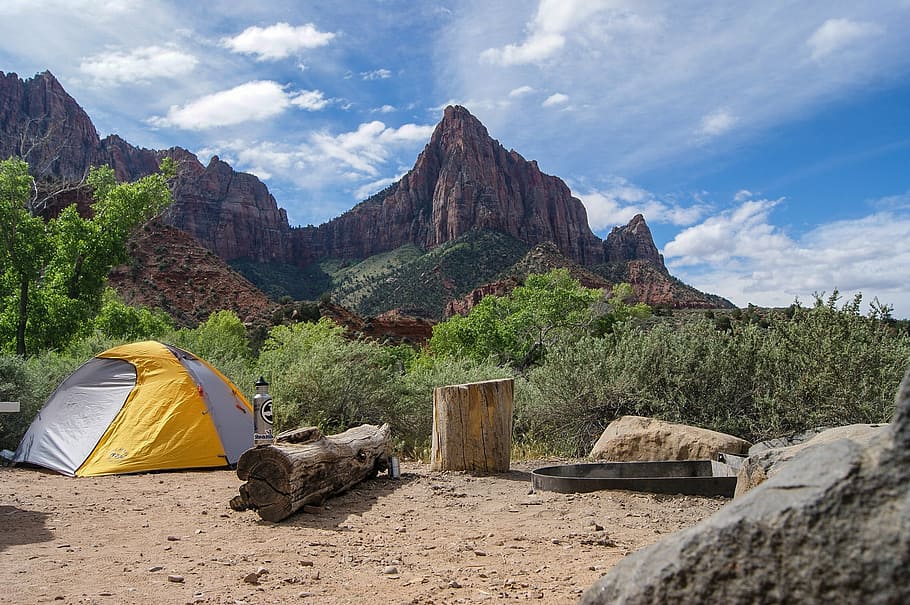 yellow and gray dome tent with mountain view during daytime HD wallpaper
