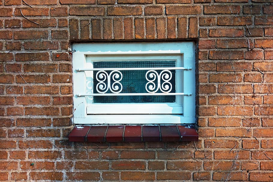 window, pane, ledge, casing, grille, building, brick wall, brickwork HD wallpaper