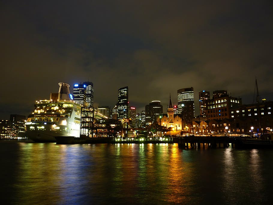 city buildings during night, sydney, port, australia, skyscraper, HD wallpaper