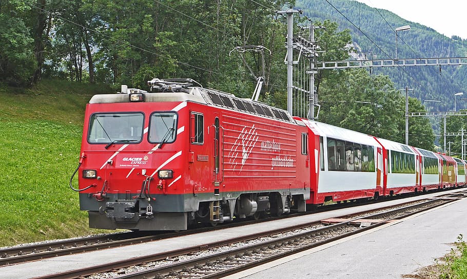 red and white train on train way, glacier express, matterhorn-gotthard-bahn