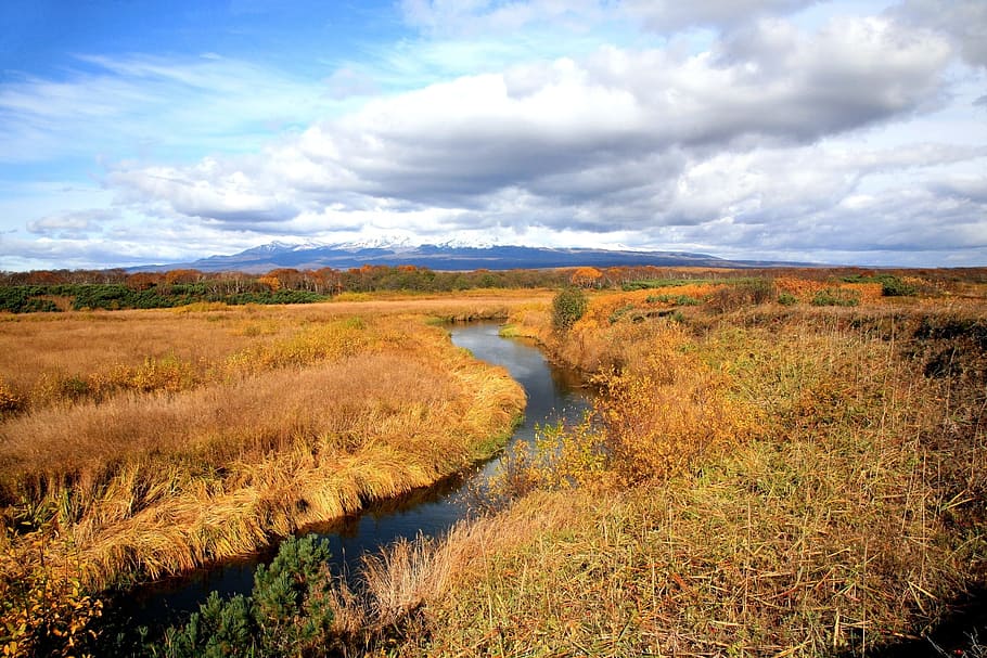 tundra, river, autumn, clouds, swamp, water, landscape, nature HD wallpaper