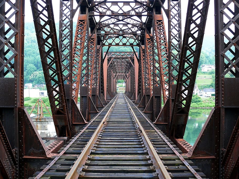 brown steel railway, railroad bridge, tracks, rails, trusses