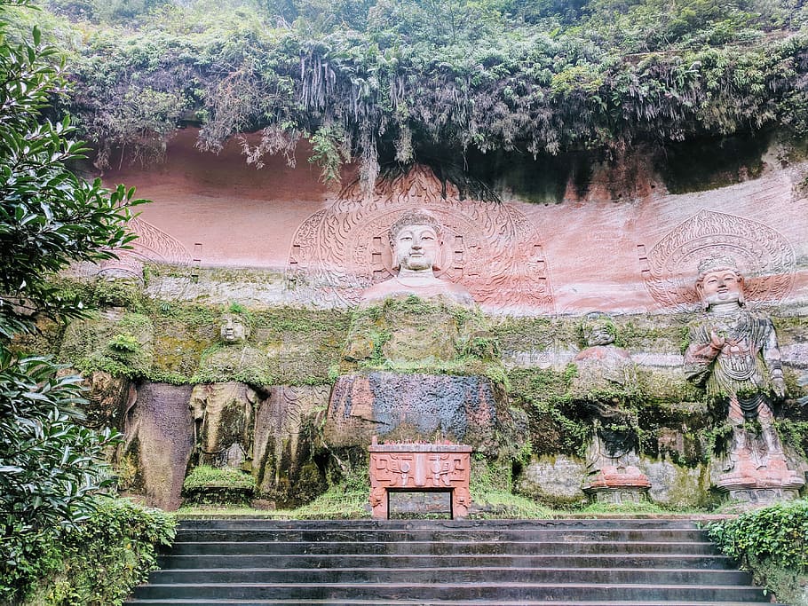 brown and green deity statues under trees, buddah, buddhist HD wallpaper