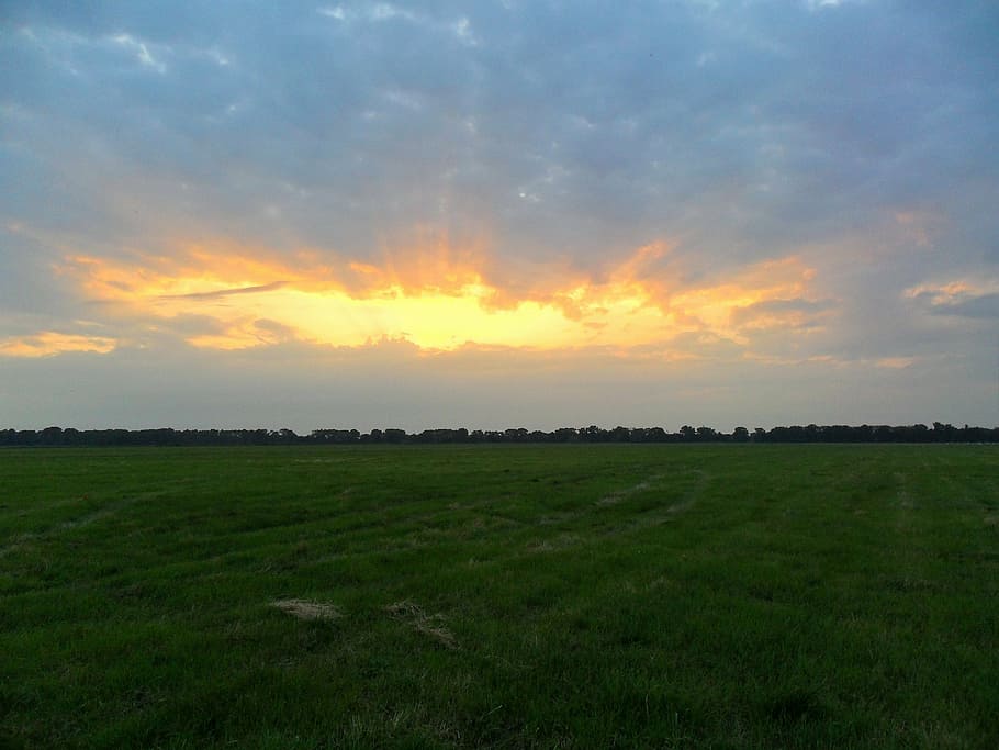 sunset, evening sky, afterglow, field, meadow, arable, landscape HD wallpaper
